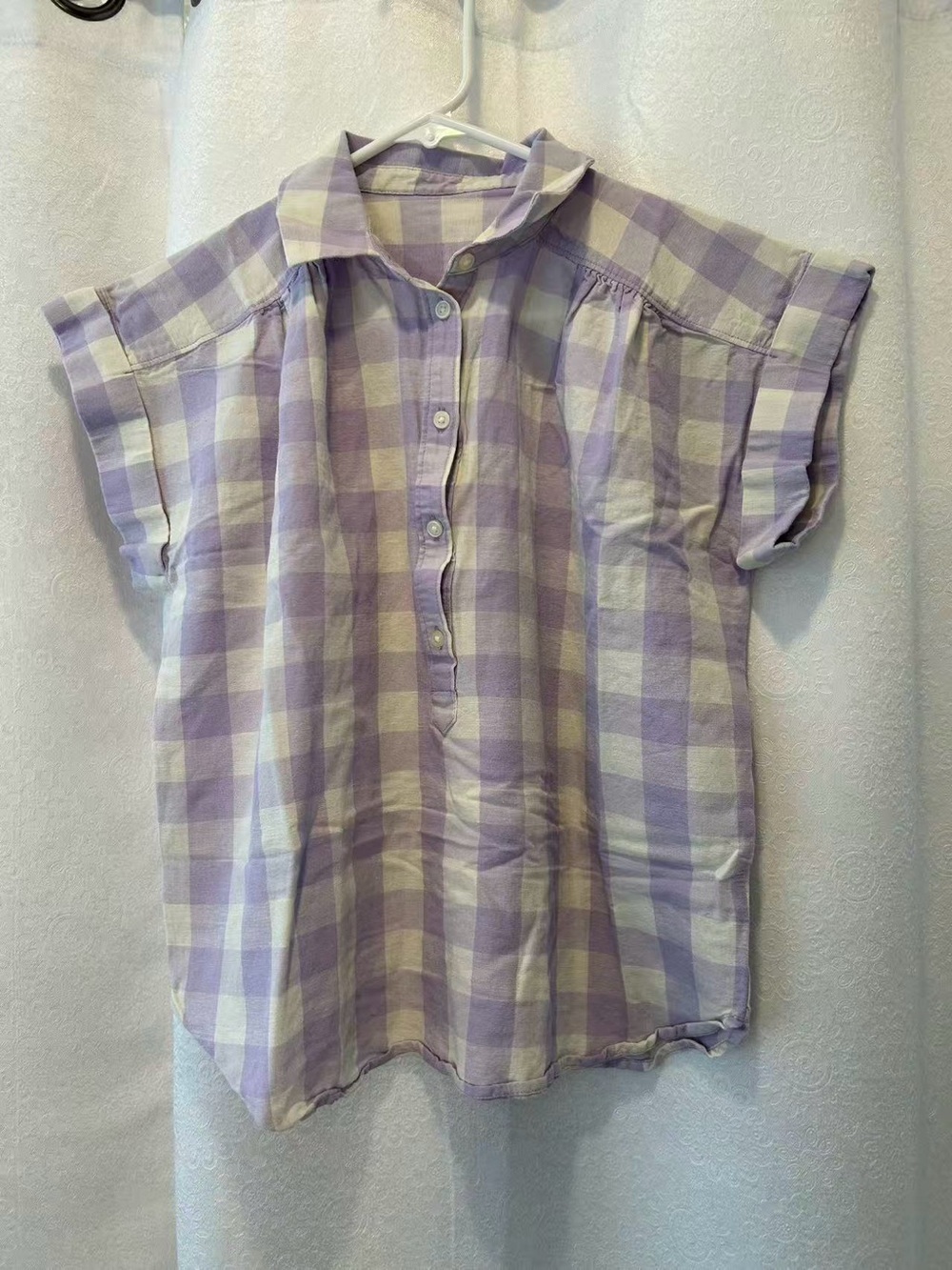 Ann Taylor Lavender and White Gingham Button-Front Shirt